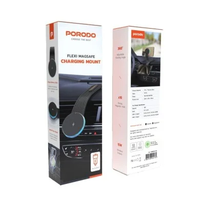 Porodo 15w magnetic wireless car mount with dual port car charger & c-c cable 1m - black